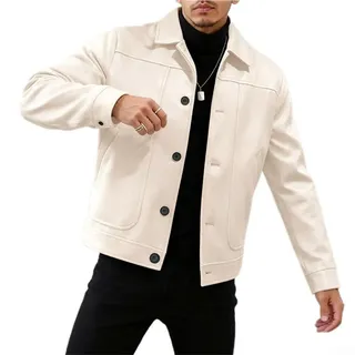 Herren Langarm Wolljacke mit Reverskragen Einreihiger Verschluss Business-Stil Loose Fit Oberbekleidung Ideal für Freizeit, Urlaub und den täglichen Gebrauch (M Beige)