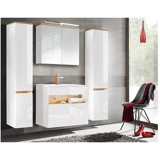 Lomadox Badmöbel Set mit Keramik-Waschbecken inkl led BERMUDA-56 in Weiß-Hochglanz mit Wotaneiche b/h/t: 190/200/45cm