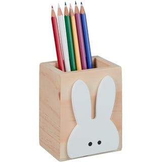 Relaxdays Stiftehalter Hase, Holz, HxBxT: 10 x 8 x 6 cm, Kinder Stiftebecher für Schreibtisch, Pinselhalter, Natur/weiß