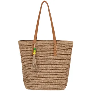 Mervokl Strandtasche Damen Geflochtene Tasche aus Papierseil mit Ledergriffen und Reißverschluss Große Beach Bag für Sommer Urlaub und Strand – Leicht & Stilvoll - L