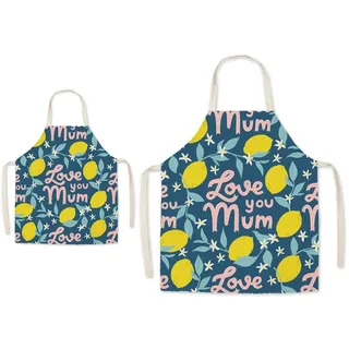 Eyands Eltern-Kind-Schürze für das Kochen - super nettes Muster Baumwolle und Leinen Küchenschürze für Mom Kinder, Kochen Malerei Gartenschürze (Zitrone)