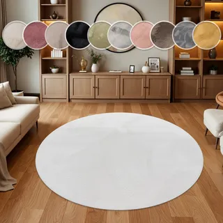Paco Home Teppich Wohnzimmer Kunstfell Shaggy Hochflor Flauschig Soft weiß, Ø 80 cm Rund