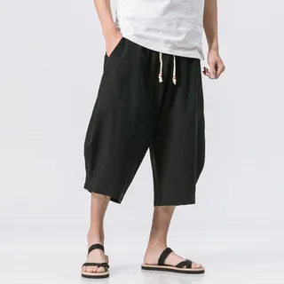 Bywenzai Kurze Hose Männer Baumwolle Leinen Einfarbig Elastische Taille Shorts T Herren Hip-Hop Atmungsaktiv Lässig 3/4 Hosen Japanische Und Koreanische Yogahosen