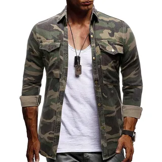 oneforus Herren Jeanshemd Vintage Camo Bedrucktes Hemd Lässiges Button Down Slim Fit Langarm Oberteil - L