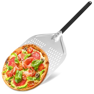 Yitriden Perforierter Pizzaschieber, 30 cm x 39,5 cm, Hart Eloxiertes Aluminium Pizzaschaufel, Rechteckige Pizzaschieber mit Verbrühungshemmend Griff für Hausgemachtes für Pizza