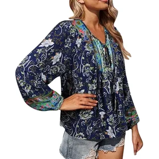 Hippie Bluse Damen Sommer V-Ausschnitt Langarm Tunika mit Blumenmuster Boho Elegant Blusen 70er Jahre Italienische Mode Leinenbluse Leicht und Luftig Viskose Dünne Longbluse Ausgefallene Strandhemd