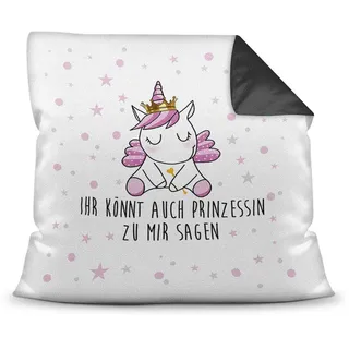 Tassendruck Farbkissen Schwarz inkl. Füllung mit Spruch Ihr könnt auch Prinzessin zu Mir Sagen - Glitzer/Geschenk-Idee/Stern/Deko-Kissen/Einhorn/Unicorn