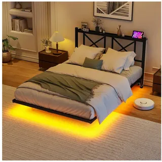 REDOM Kinderbett mit LED-Licht und Ladefunktion (schwebender Bettrahmen inklusive Kopfteil, Doppelbett Metallbett, 120x200 cm) schwarz