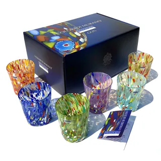 MAZZEGA ART & DESIGN - 6 Goto Tumbler Gläser aus Glas, mundgeblasen und handgearbeitet mit Murano-Murrine - Die Farben von Murano - Wasserglas Tumbler Colombina 350 ml. Made in Italy (6, Mix + Box)