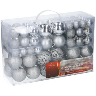 Christbaumkugeln bruchsicher 100er Set - silber - Weihnachtskugeln aus Kunststoff mit Aufhängung - 100 Stück Christbaum Anhänger Schmuck für den Weihnachtsbaum Weihnachtsdeko Hänger Baumschmuck Kugeln
