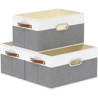Yawinhe 3 Stück Aufbewahrungsbox aus Stoff, Faltbare Aufbewahrungskörben mit Griffen, Waschbare, für Schlafzimmer, Kleideraufbewahrung, 38x25x21cm, Weiß/Grau, SNK030WGS