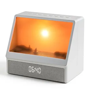 Flixyticy Lichtwecker Tageslichtwecker mit Fernbedienung, Bluetooth Wake Up Light Sonnenaufgang, Digital Weißes Rauschen Soundmaschine mit 6 beruhigende Klänge in 5 Helligkeit, 10 farbige Licht