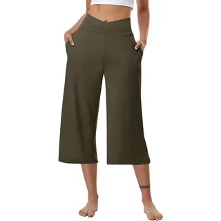 7/8 Hose Damen Sommer Weites Bein – Leichte V Cross High Waist Yogahose – Dünn Stretch Caprihose – Einfarbig 3/4 Hose mit Taschen - M