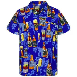 King Kameha Hawaiihemd Beerbottle Funky Hawaii-Hemd Herren Kurzarm Front-Tasche Stylish blau 4XL