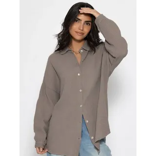 SASSYCLASSY Langarmbluse Oversize Musselin Bluse Damen kurz Langarm Elegant Hemdbluse lang aus Baumwolle mit V-Ausschnitt, One Size (Gr. 36-48) L/XL (40/42)