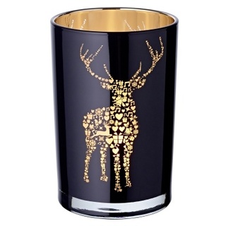 EDZARD Teelichtglas Fancy (Höhe 18 cm), schwarz & goldfarben, Hirsch-Motiv
