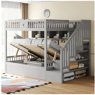 MODFU Etagenbett Hochbett mit hydraulischem Unterbett (140x200 cm mit Sicherheitsgeländer, Leiter mit Fächern und Regalen, ideal für Kinder & Jugendzimmer), ohne Matratze grau