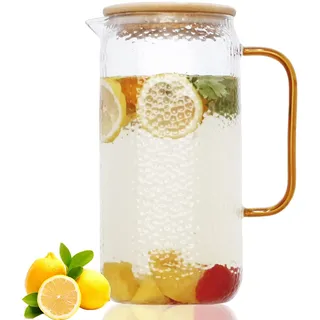 Luvan Wasserkrug, 2 L Glas Krug,Glaskaraffe mit bambus abdeckung, Borosilikatglas Hitzebeständige Karaffe für Teekanne & Saftkanne,Leicht zu reinigen