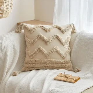 champracer 1 Set Boho Kissen, Beige Deko Baumwolle Dekokissen getuftete, Couchkissen für Wohnzimmer Schlafzimmer, Kissenhülle mit Verstecktem Reißverschluss (Wellen,45cmX45cm(Kein Kopfkissen))