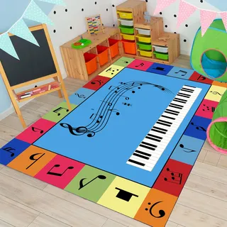USHIRUG Niedlicher Musik-Teppich, 160x200cm, Bunte Quadratische Cartoon-Klaviernoten, rutschfest, Waschbar, Spielmatte für Kinderzimmer und Kindergarten Teppiche für Mädchenzimmer und Spielzimmer