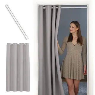 tinycurtains Türvorhang mit Stange weiß 55-90 cm ohne Bohren, Thermo Vorhang Tür, Ösen, abdunkelnd, Polyester, hellgrau Moonlight, Türgardine mit Klemmstange Raumtrenner verdunkelnd grau 150 cm x 195 cm