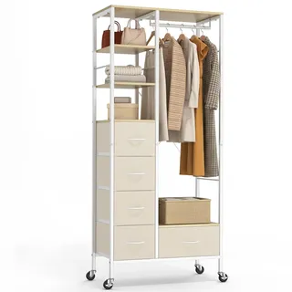 HOKEEPER Kleiderständer,Offener Kleiderschrank,Kleiderständer auf Rollen,Kleiderstange,Fahrbarer Kleiderständer mit Schubladen,Jackenständer,Clothes rack, Haken,Beige