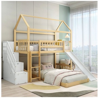 Flieks Etagenbett, Kinderbett mit Treppe Stauraum Rutsche Kieferholz 90x200cm beige