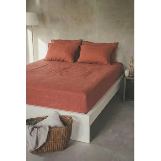 Ger3as Leinen Spannbettlaken – 100% Stonewashed Leinen – Rundumgummi – Atmungsaktiv, Temperaturregulierend & Hautfreundlich – Ohne Kissenbezüge (Rotbraun, 140 x 200 +30 cm)