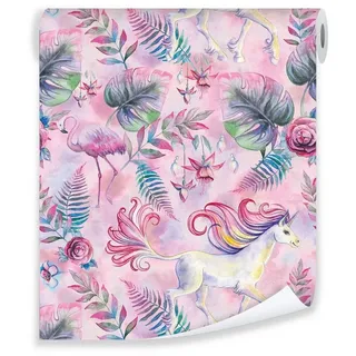 Wallarena Vliestapete Kinderzimmer Mädchen Einhorn Blumen Modern Tapete Rolle 10m x 50cm, Glatt, Einhorn, Fantasy, Vliestapete Kinderzimmer Rosa Vlies Tapete + Kleister rosa