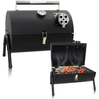 Muntel Räuchergrill, Holzkohlegrill, Smoker, Räucherofen, Tragbarer, Klappbarer BBQ Zylindergrill für Camping, Edelstahl-Griff, Thermometer, Grillrost, Schwarz