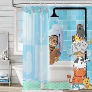 Hnmdmyi Duschvorhang Lustige Katze 150x180, Niedliche Badende Katze Cartoon Tier Kätzchen Kinder Duschvorhänge Duschhaube Blau Kariert Dekor Badewanne Vorhang Wasserdicht Polyester Stoff Badevorhang