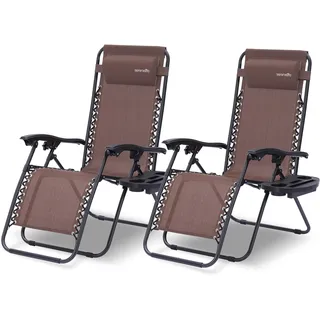 SereneLife Sonnenliege Klappbar 2er Set, Zero Gravity Liegestuhl Garten, bis 120 kg Braun, Verstellbar und Wetterfest, mit Tisch Getränkehalter und Kopfkissen, für Balkon Terrasse Camping Strand Relax