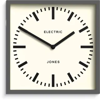 JONES CLOCKS® Box Railway Wanduhr | Quadratische stationsuhr | 25 cm | Dunkelgrau | Cooler Designer-Look für küche, Wohnzimmer oder büro