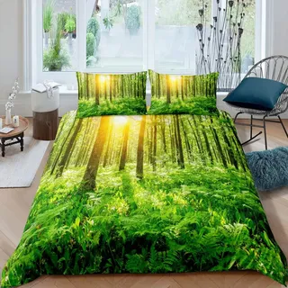 Loussiesd Bettwäsche Set Wald Baum Natürlich Grüne Pflanze Bettbezug Set Jungen Mädchen135x200 cm Microfaser Betten Set mit Reißverschluss und 1 Kissenbezug 80x80 cm