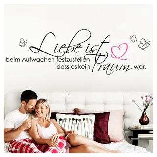 Grandora Wandtattoo Schlafzimmer Spruch Liebe ist beim Aufwachen I schwarz (BxH) 150 x 47 cm I Wandaufkleber Herz Wand Deko Aufkleber Sticker Traum W800