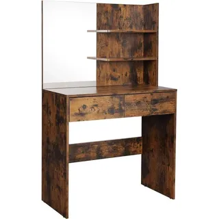 Famanu Schminktisch mit 2 Schubladen, Spiegeltisch, Kosmetiktisch, offene Regale, braun vintage