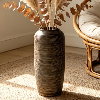 JIDOFUE Braun Große Rustikale Keramik Bodenvase, 40cm, Vintage Boho Vase für Heimdekoration, Texturierte Terrakotta Vase für Wohnzimmer, Regal oder Eingangsbereich