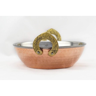 Hostelnovo - Schüssel mit Griffen für Indien - Bowl Karahi - Kupfer gehämmert aus Edelstahl - Griffe mit Hufeisenform in Miniatur - Indisches Geschirr - 15 x 5,5 cm