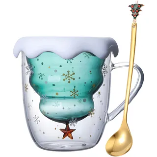 Syfunlv Grinch Weihnachtstasse, Doppelwandige Glastasse mit Deckel und Löffel, Weihnachtsbaum Kaffeetasse Espressotasse Teeglas Milchtasse Stil 1