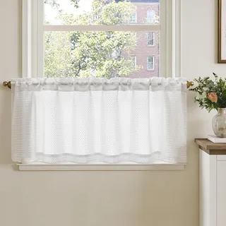 TOPICK Weiß Scheibengardine für Küche Blickdicht Badezimmer Klein Fenster Landhausstil Gardine Kurz mit Waffel Muster Lichtdurchlässig Verdunkelung Bistrogardine mit Tunnelzug 1 Schal 150Bx45H cm