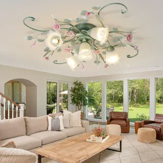 5-Licht Deckenleuchte, Pastoral Floral Deckenleuchte, E27 Vintage Deckenleuchte mit Glas Lampenschirm Keramik Rose, LED Kronleuchter verwendet für Wohnzimmer Schlafzimmer Esszimmer Flur (grün)