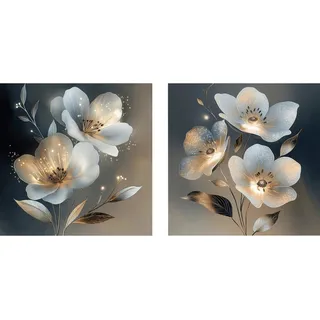 Euroart Glasbild White Flowers On Gray IV, Natur, Glas, 2-teilig, rechteckig, 20x40x1.4 cm, Fotografie, einfache und schnelle Anbringung, glänzend, Bilder und Zubehör, Wandbilder, Glasbilder
