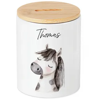 Pferd Spardose für Kinder personalisiert Bauernhof Tiere Sparbox mit Bambusdeckel Geldgeschenk für Jungen & Mädchen