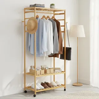 unho kleiderständer bambus, Garderobenständer auf Rollen, offener Kleiderschrank mit Schuhablage Kleiderstange Haken, stabil für Schlafzimmer Flur 80 x 35 x 165 cm
