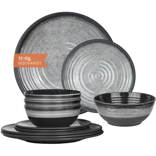 Camping Tafelgeschirr aus Melamin für 4 Personen 12-teilig | spülmaschinenfest | Picknick Geschirrset | Geschirr Campinggeschirr I Stone Grey Design