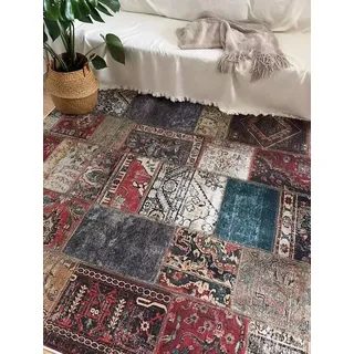 Quadratischer Teppich für Wohnzimmer, 160 x 160 cm, rutschfest, weich, Kurzflor-Teppich für Schlafzimmer, Esszimmer, Küche, Heimdekoration, Retro, ethnischer Stil, Patchwork, Mehrfarbig, Rot