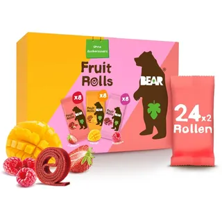 BEAR Fruchtrollen Mixbox I 100% Natürliche Inhaltsstoffe I Ohne Zusatz von Zucker I Gesunder Snack für Kinder & Erwachsene I 24 Beutel x 20g I 480g