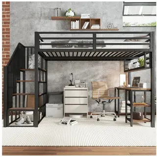 Odikalo Hochbett Metallbett 120x200 mit Schreibtisch und Stauraum (Eisenbett, Hochbett, Treppen mit Handläufen, Mit Schreibtisch und Aufbewahrungsregal, Stabile Lattenroste, Eisen + Spanplatte, Schwarz+dunkl, 120x200cm)