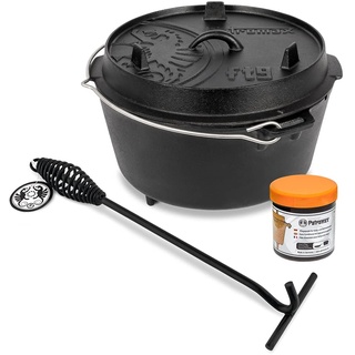 Petromax Feuertopf (Dutch Oven) Set ́s (FT9, mit Standfüssen) | Original Gusseisen | mit Deckelheber und Pflegepaste | ohne Einbrennen | Einsteiger-Set | robust & vielseitig