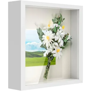 Anhow 3D Bilderrahmen zum Befüllen, 3D Bilderrahmen Tiefer Objektrahmen 15 x 15 cm mit Transparente Echtglas für Tischplatte und Wand - Weiß/ 3cm